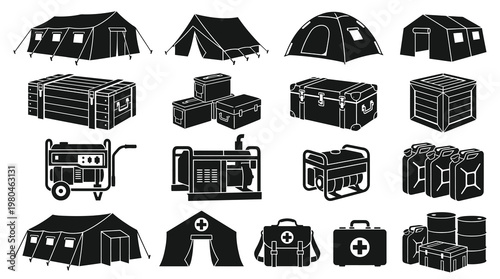 Black  White Glyph Icons for Disaster Relief, Survival and Camping Equipment