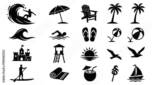 Summer Beach Travel Vacation Icons Set - Flat Black and White Silhouette Glyphs