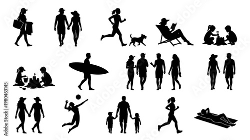 Summer Beach People Silhouettes Vector Set. Diverse Human Leisure Activities Glyph Art Collection.