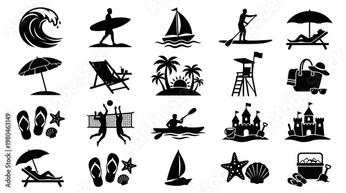 Summer Vacation Beach Recreation Icons Set. Black  White Glyph Holiday  Travel Symbols