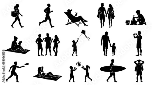 Black  White Summer Beach Vacation People Silhouettes Activity Icons Set