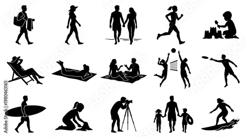 Black  White Beach Silhouette Icons: People Enjoying Summer Activities