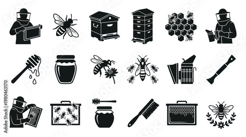 Beekeeping  Apiculture Glyph Icons. Honey Production Tools, Bee, Hive Solid Silhouettes.