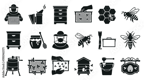 Beekeeping Icons Set - Apiary Equipment, Bees and Beekeeper Glyphs