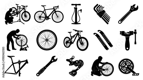 Cycling Repair and Maintenance Tools  Parts Silhouette Icon Set