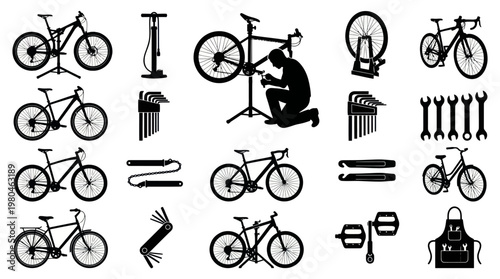 Black and White Silhouette Icons of Bicycles and Tools