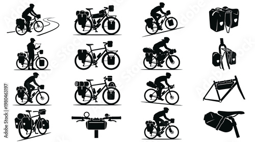 Cycling and Bicycle Touring Gear Vector Icons Black and White