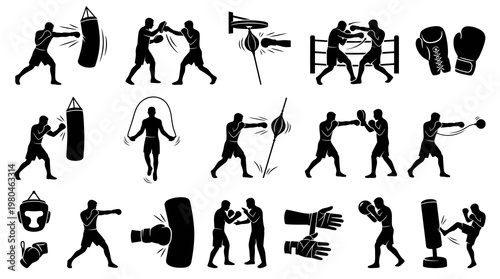 Black and White Boxing Icons: Punching Bag, Gloves, Jump Rope, Fighters
