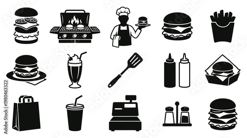 Black  White Glyph Fast Food Burger Restaurant Icons Set