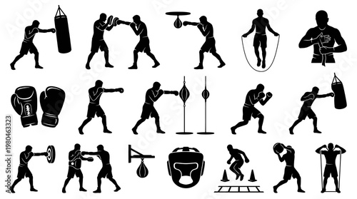 Boxing Training Icons Set. Sports  Fitness Black  White Silhouettes of Boxers  Equipment