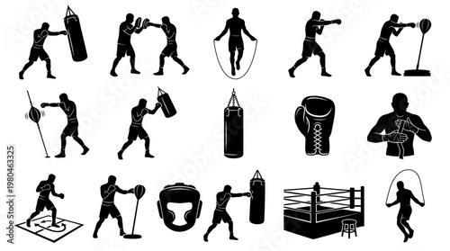 Boxing Sports Fitness Silhouette Icons Set with Boxers Training  Equipment