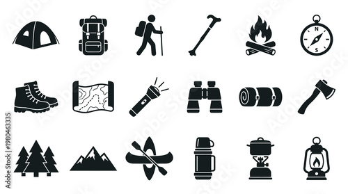 Camping Icons Set: Adventure Gear  Outdoor Equipment, Black  White Glyph