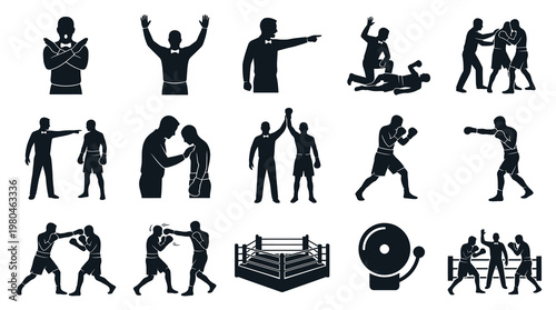 Boxing Sport Glyph Icons: Boxers, Referee, Ring, Bell. Combat Training Silhouettes.