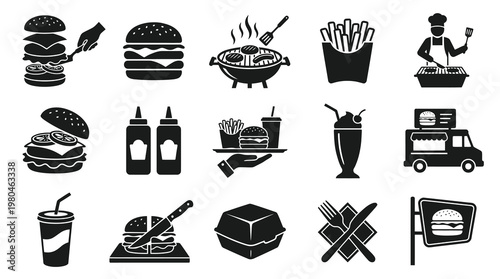 Black and White Fast Food Burger Restaurant Cafe Glyph Icons Set