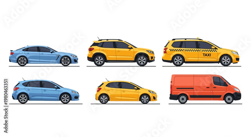 Various colorful modern vehicle illustrations against a clean white background
