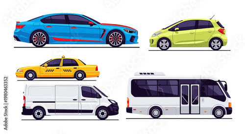Various colorful modern vehicle illustrations transportation design elements