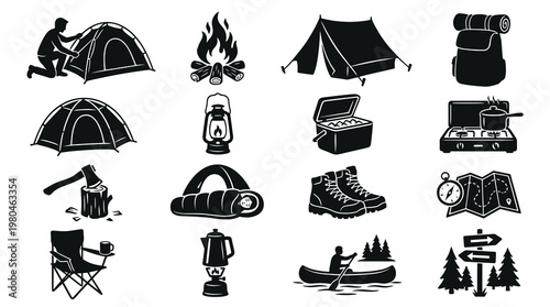 Camping Gear Icons Black and White Vector Set
