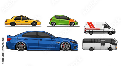Various colorful vehicle illustrations against a white background for design