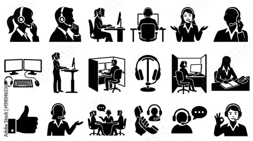 Customer Support Service Icons - Black and White Vector Graphics