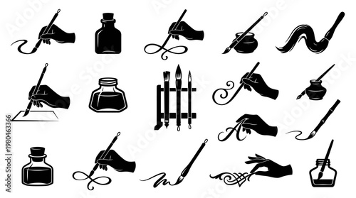 Creative Art and Calligraphy Tools Glyph Icon Set with Hands, Brushes, Pens, Ink Bottles