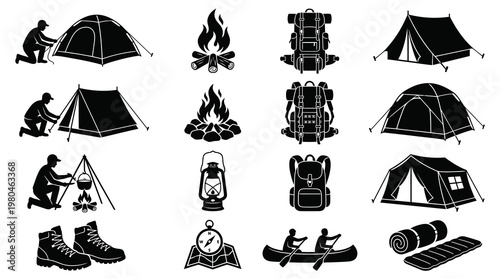 Camping and Hiking Gear Silhouette Icons Set - Outdoor Adventure Equipment and Activity Glyphs