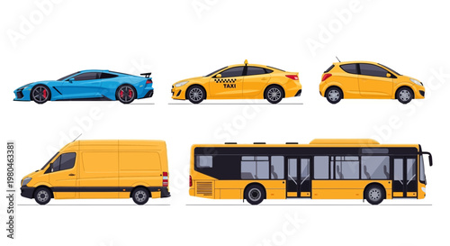 Various colorful transportation vehicles isolated on white background flat design
