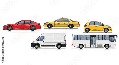 Various colorful transportation vehicles illustrations isolated on white background