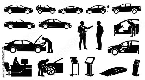 Automotive Industry Glyph Icons Set: Cars, Mechanics, Sales, Driving  Dealership