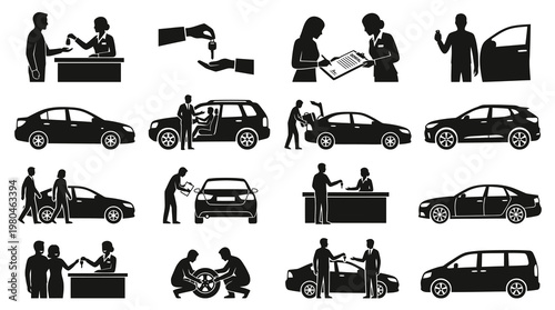 Automotive Car Dealership, Rental  Service Glyph Icons Set