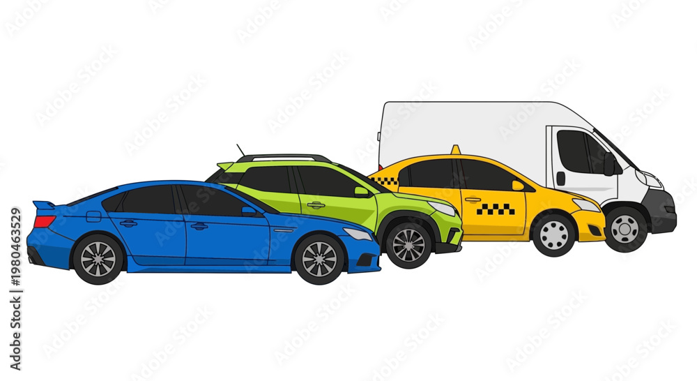 Obraz premium Various colorful vehicles isolated on white background for transportation concepts