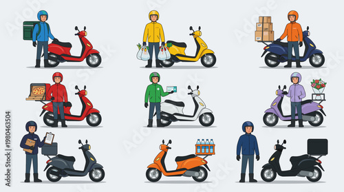 Delivery riders on scooters transporting packages in urban settings. Flat vector set showing courier service, fast shipping, and last mile delivery solutions.