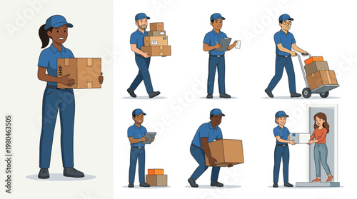 Delivery worker carrying boxes and packages in different poses. Flat vector set showing courier service, shipping tasks, and customer delivery interaction.