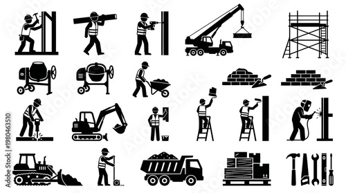 Construction Industry Workers, Tools, Equipment  Machinery Glyph Icons Set