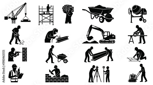 Construction worker icons: crane, excavator, builder, welder, surveyor, cement mixer