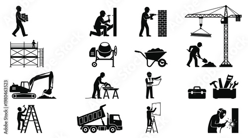 Construction Industry Icons: Workers, Equipment  Tools - Black  White Glyphs