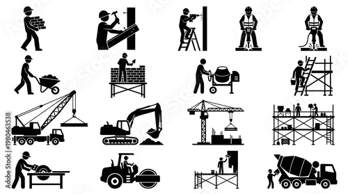 Construction Black and White Icons - Building Industry Workers and Machinery