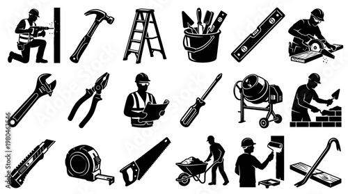 Construction Tools, Workers  Building Elements Icons Set - Black  White Silhouette