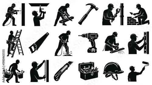 Construction Industry Workers and Tools Black  White Silhouettes Vector Set