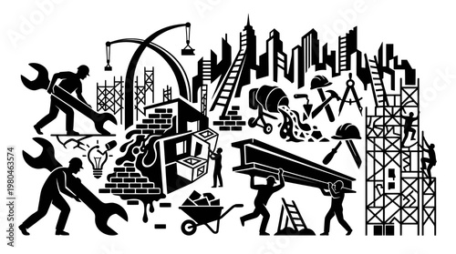 Construction Industry Development: Black  White Glyph Vector Icons of Workers, Tools, Buildings