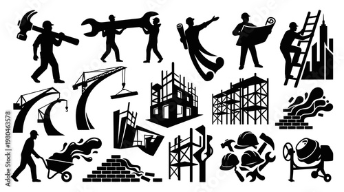 Construction Industry Silhouettes Icons Set: Workers, Tools, Buildings  Equipment Glyphs