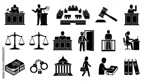 Law and Justice Icons Set - Legal System Glyphs in Black and White Silhouette Style