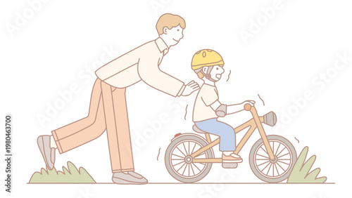 Father helping child ride first bicycle