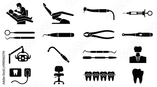 Dentistry Icons Set: Black  White Glyph Symbols for Dental Care  Clinic Equipment