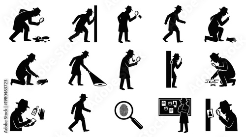 Detective Icons: Investigation, Magnifying Glass, Footprints, Evidence, Black  White Glyph
