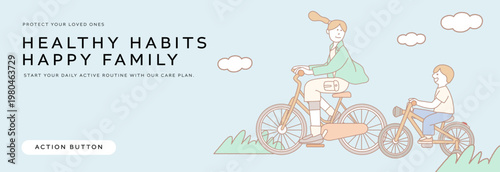 Mother and son riding bicycles together