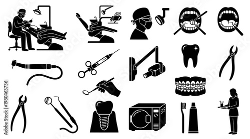 Dentistry Medical Clinic Equipment Tools Patient Care Black  White Glyph Silhouette Icons Set