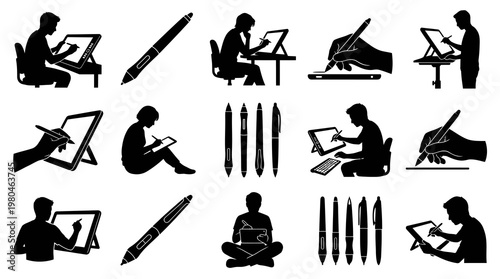 Black  White Silhouettes of Digital Artists Using Stylus and Tablets