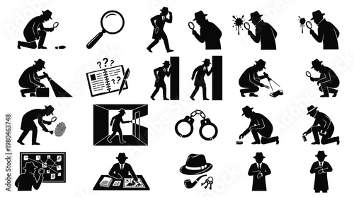 Detective Icons: Silhouette of Investigator, Magnifying Glass, Clues, Crime Scene