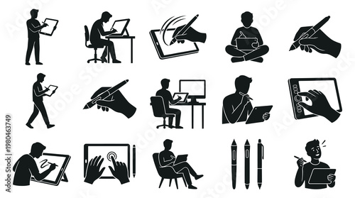Diverse People Using Digital Drawing Tablets, Stylus, and Pens - Vector Art