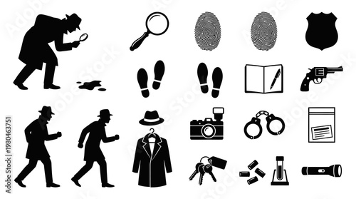 Detective icons set - noir, crime, investigation, police, evidence, forensic